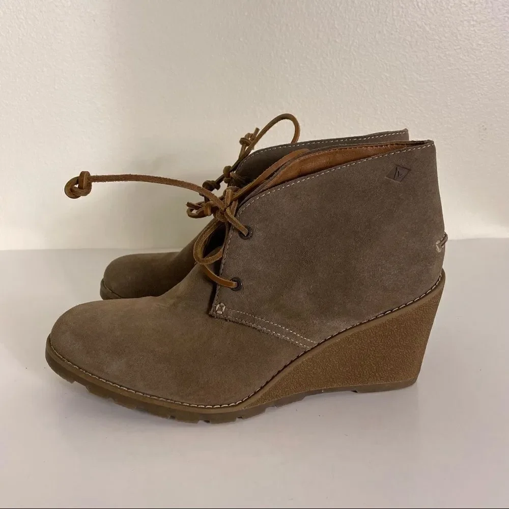 Sperry Top-Sider Tan Leather Lace‎ Up Wedge Booties size 9.5
